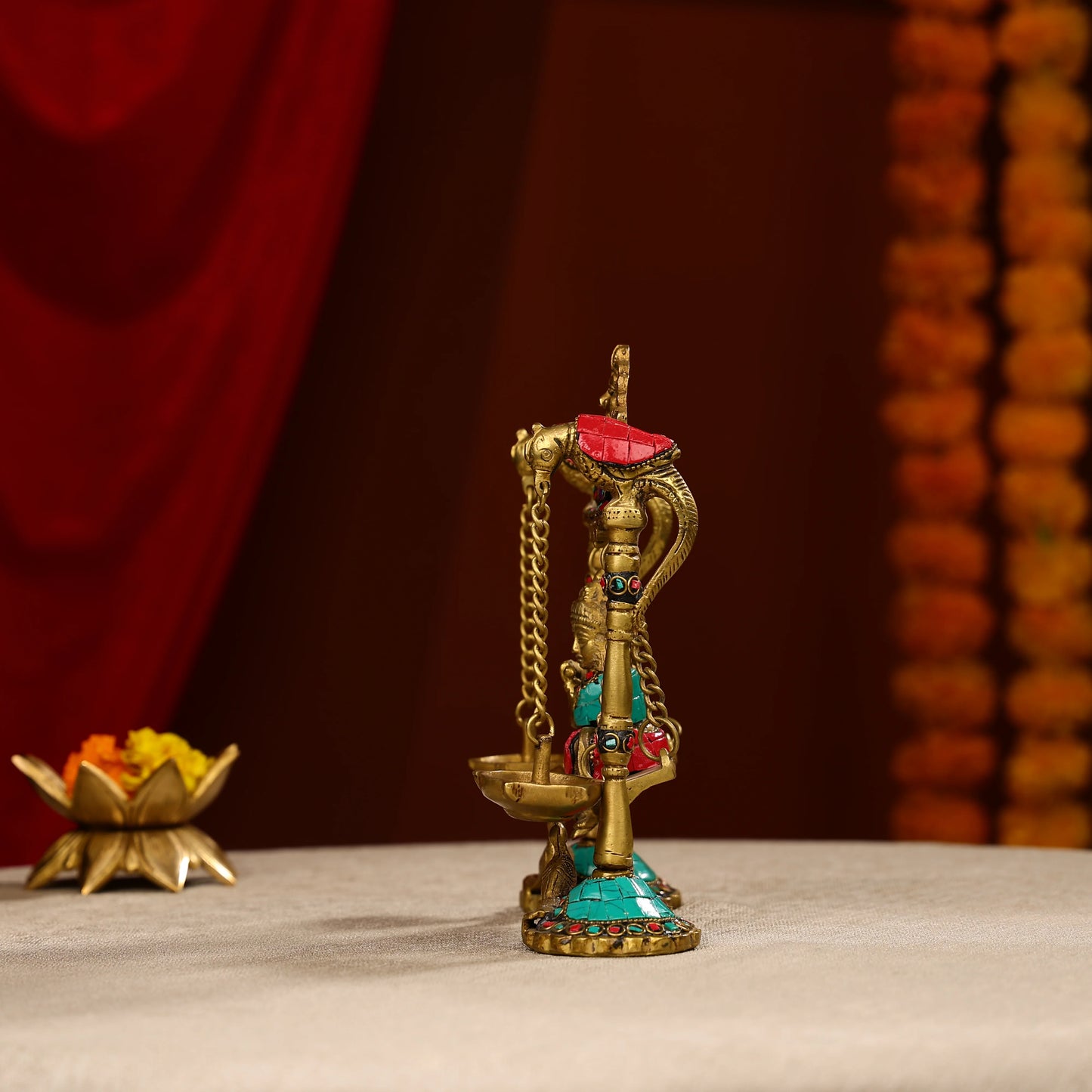 9" Brass Lord Krishna Fluting Idol on Swings With Hanging Panch Diya on Both Sides With Seated Peacocks | Stone Work