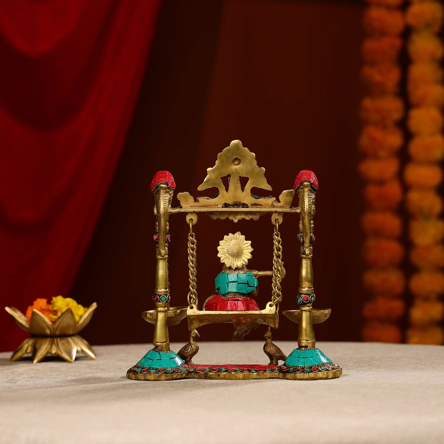 9" Brass Lord Krishna Fluting Idol on Swings With Hanging Panch Diya on Both Sides With Seated Peacocks | Stone Work