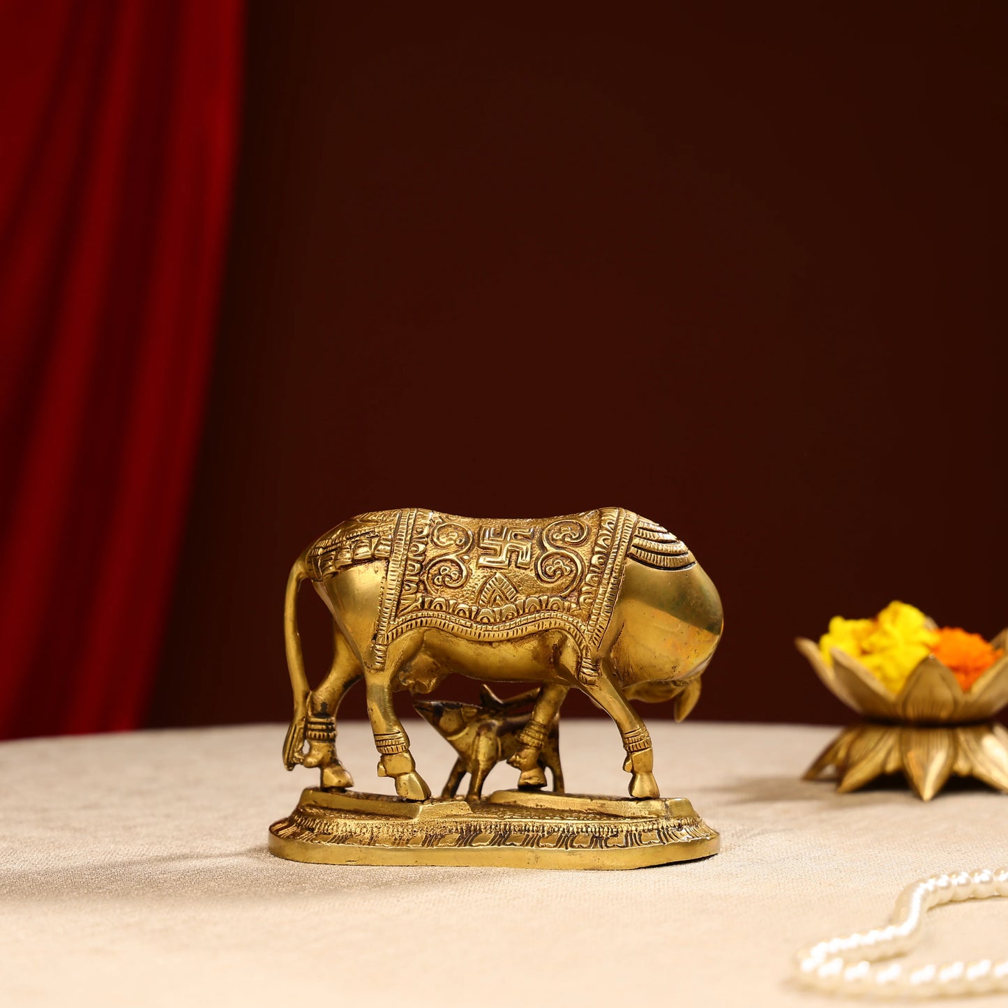 Brass Cow And Calf With Inlay Work