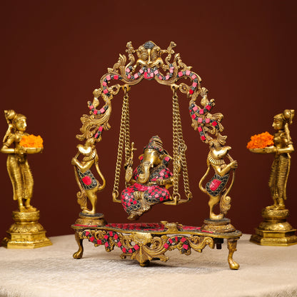 Brass Ganesh On Swing With Colourful Stonework