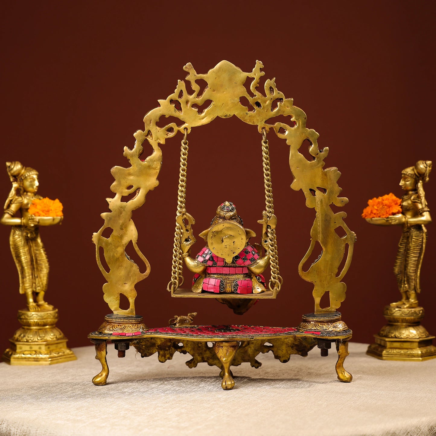 Brass Ganesh On Swing With Colourful Stonework