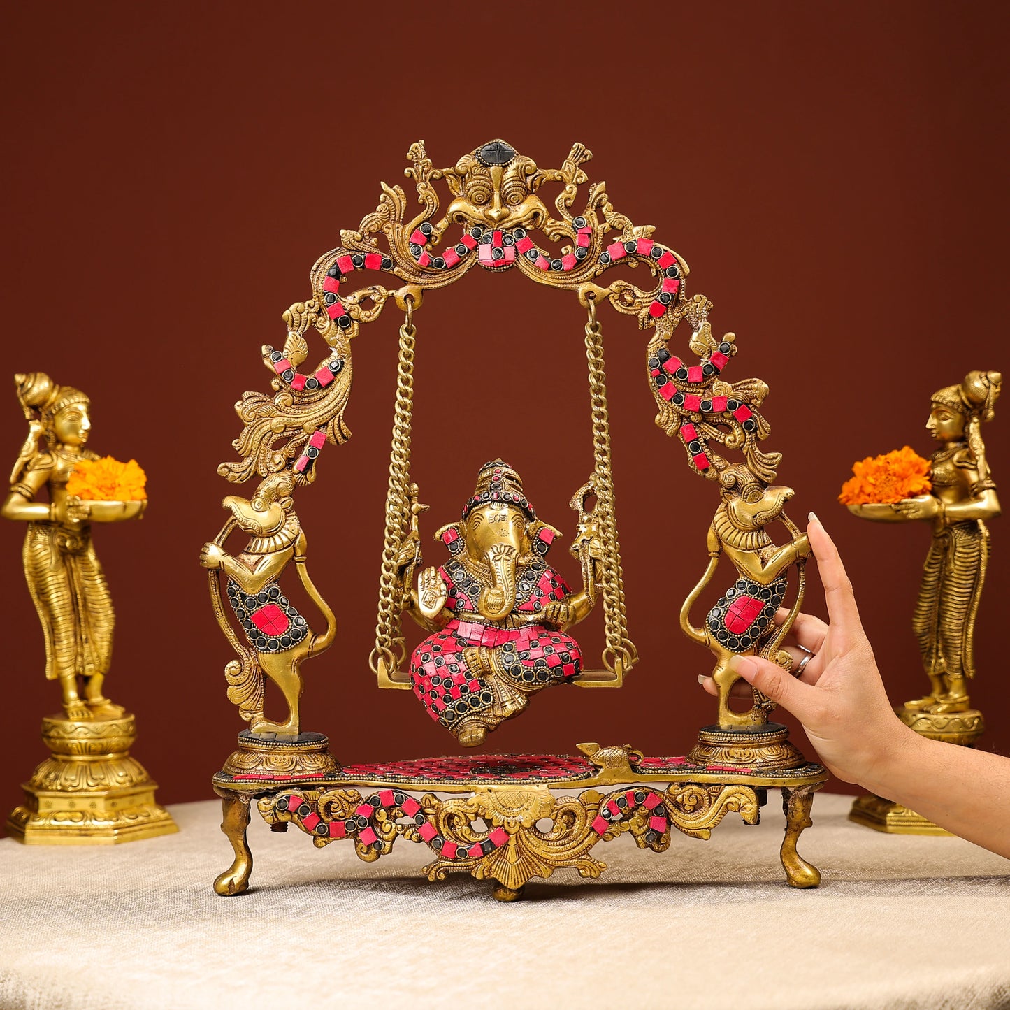 Brass Ganesh On Swing With Colourful Stonework