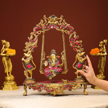 Brass Ganesh On Swing With Colourful Stonework