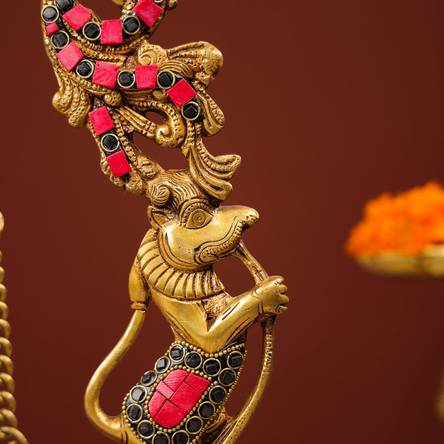 Brass Ganesh On Swing With Colourful Stonework