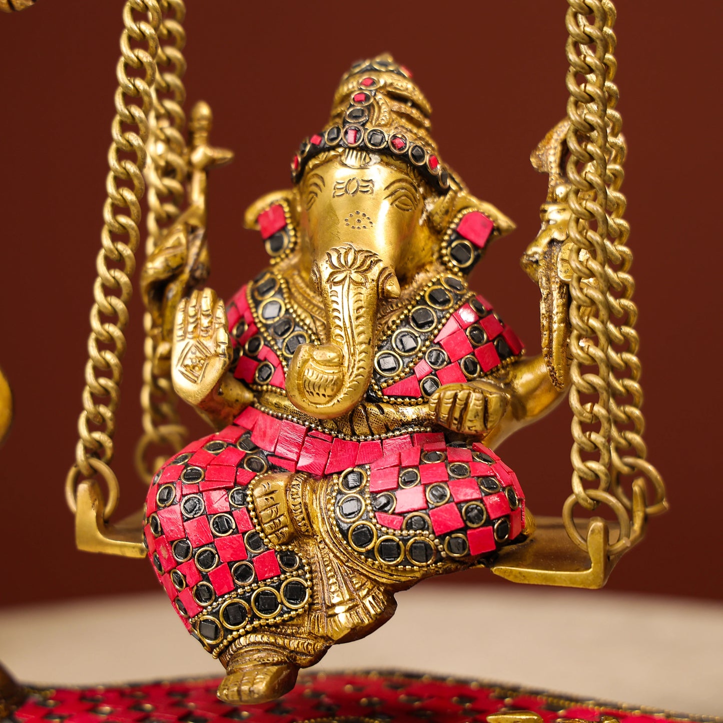 Brass Ganesh On Swing With Colourful Stonework