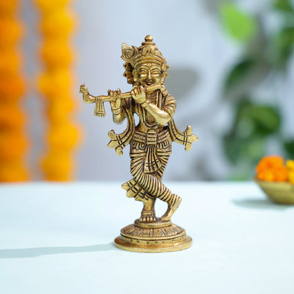 Brass Krishna Idol With Flute And Ornate Detailing For Sacred Decor