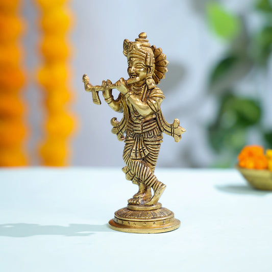 Brass Krishna Idol With Flute And Ornate Detailing For Sacred Decor