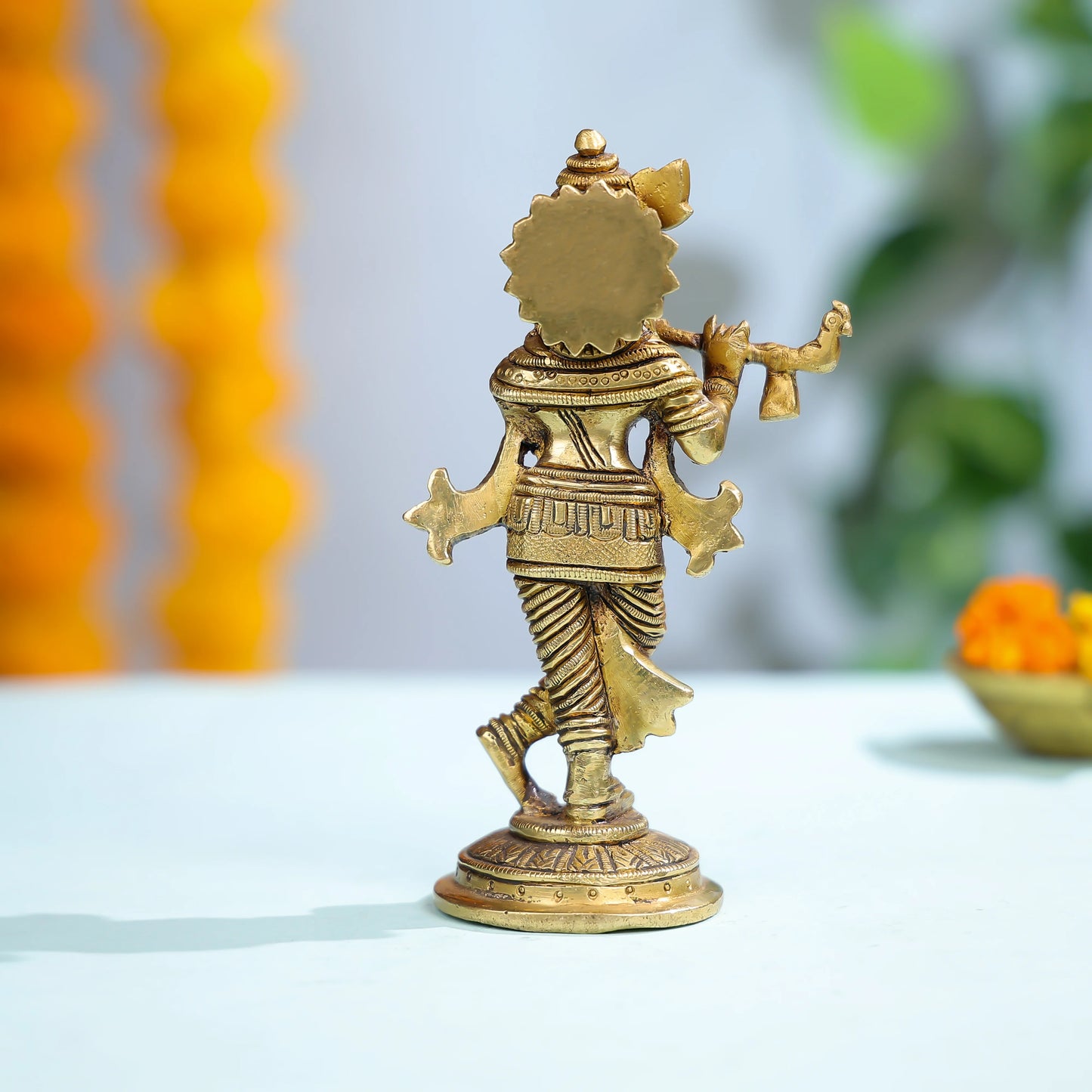 Brass Krishna Idol With Flute And Ornate Detailing For Sacred Decor