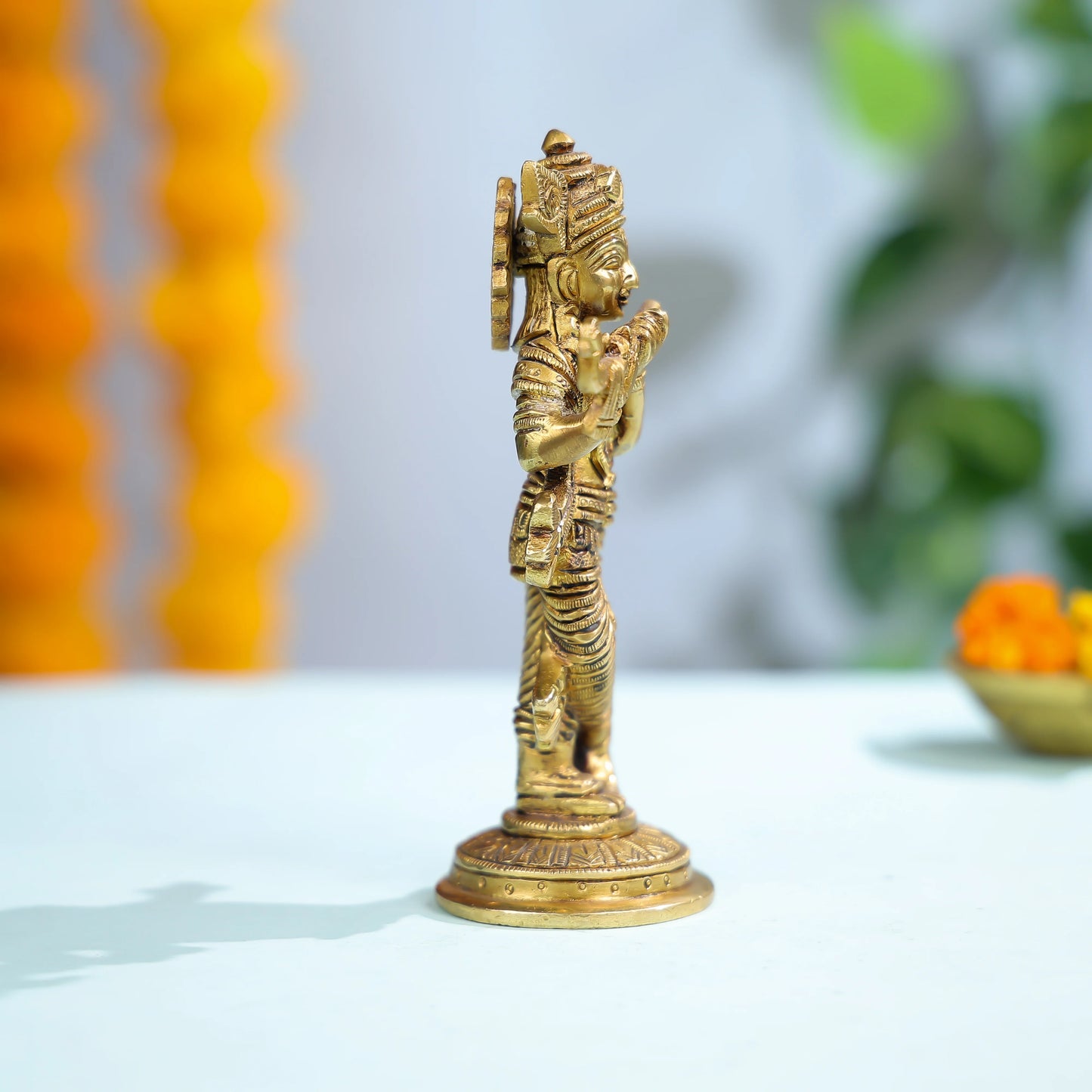 Brass Krishna Idol With Flute And Ornate Detailing For Sacred Decor