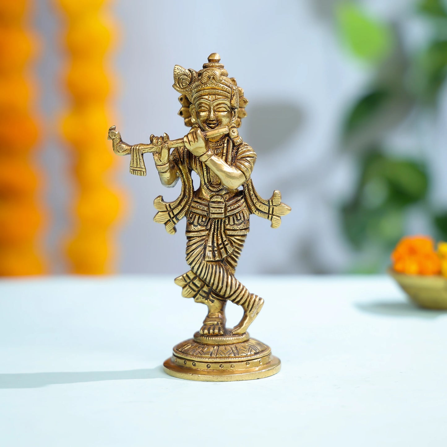 Brass Krishna Idol With Flute And Ornate Detailing For Sacred Decor