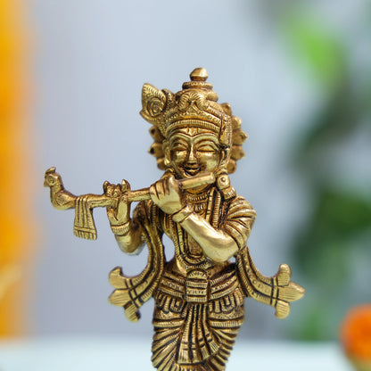 Brass Krishna Idol With Flute And Ornate Detailing For Sacred Decor