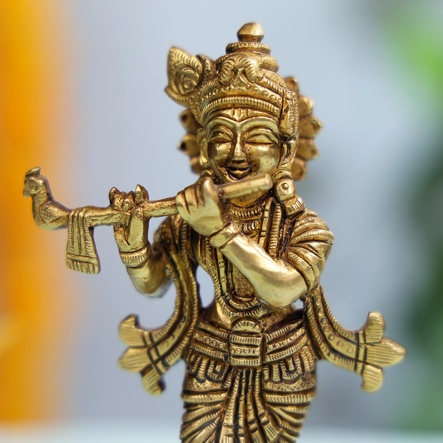 Brass Krishna Idol With Flute And Ornate Detailing For Sacred Decor