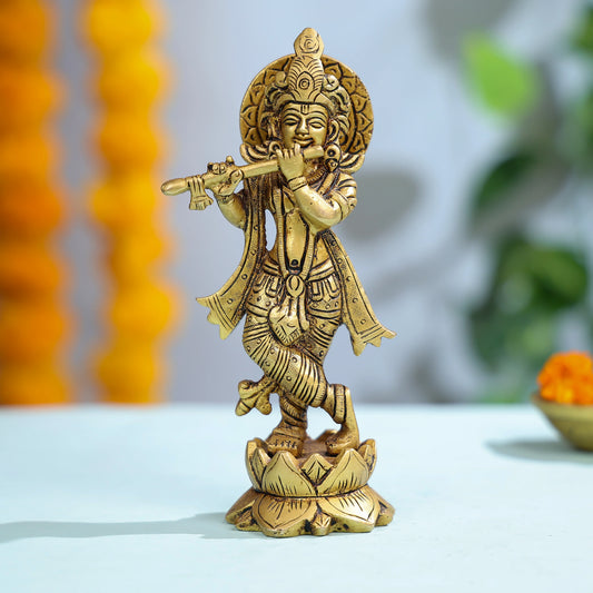 Brass Krishna Statue Playing Flute On Lotus Base For Spiritual Decor