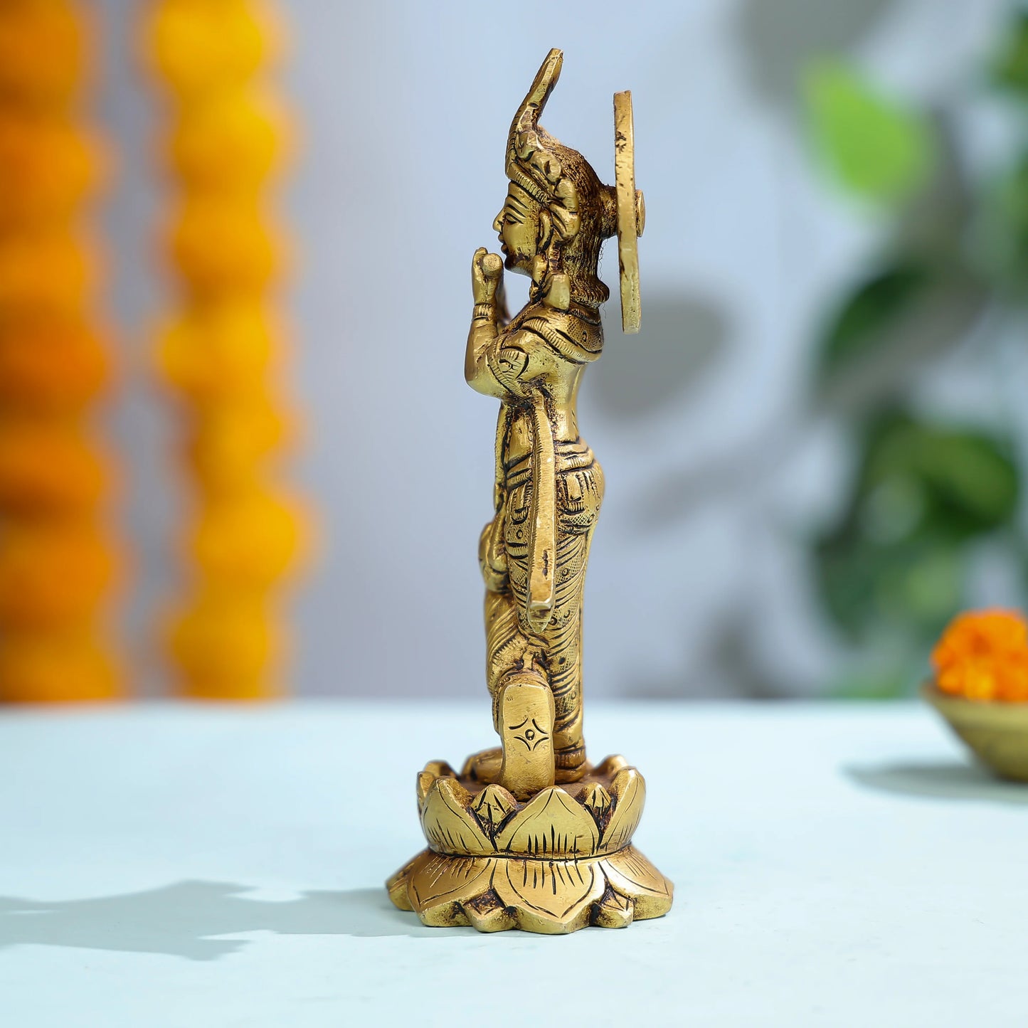 Brass Krishna Statue Playing Flute On Lotus Base For Spiritual Decor