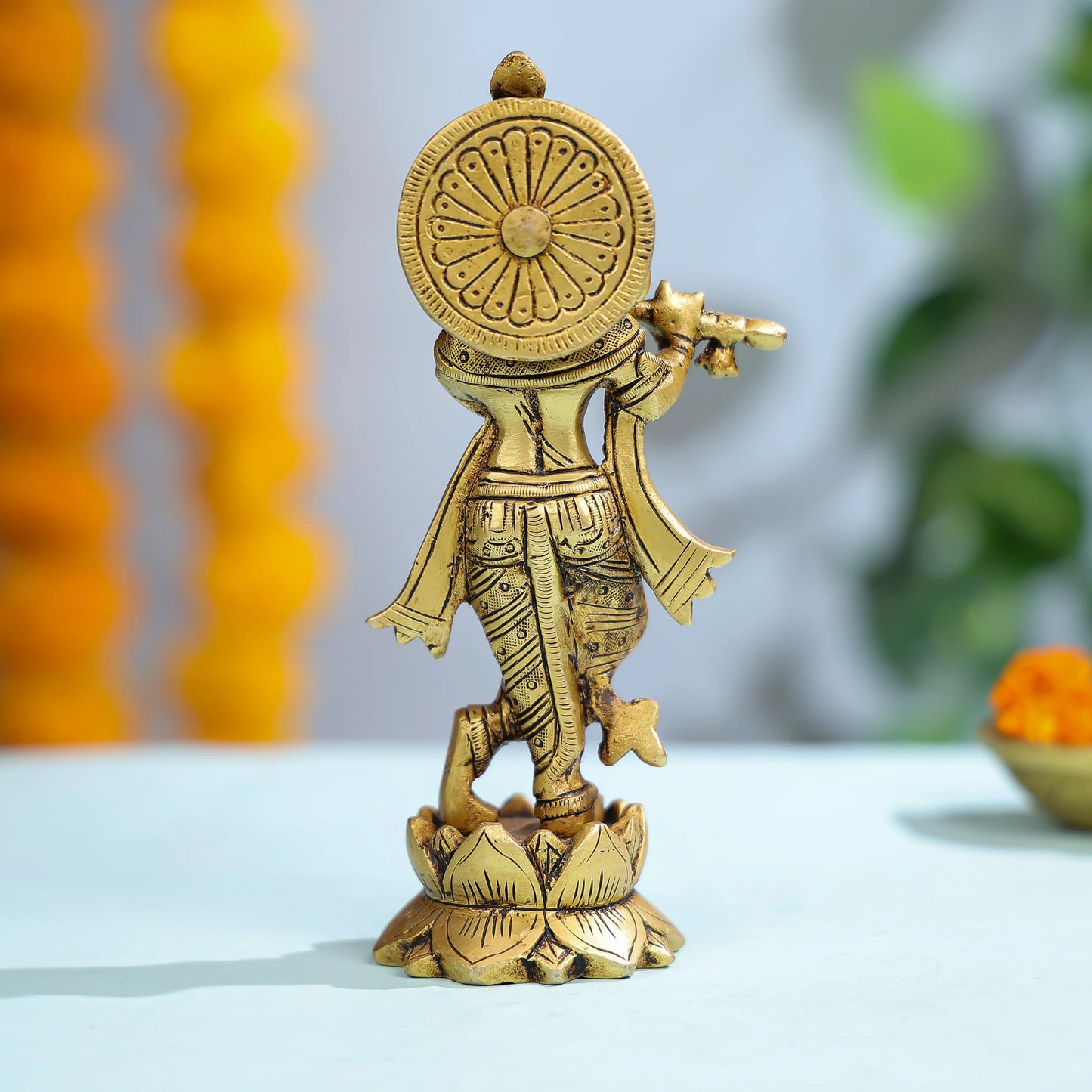 Brass Krishna Statue Playing Flute On Lotus Base For Spiritual Decor