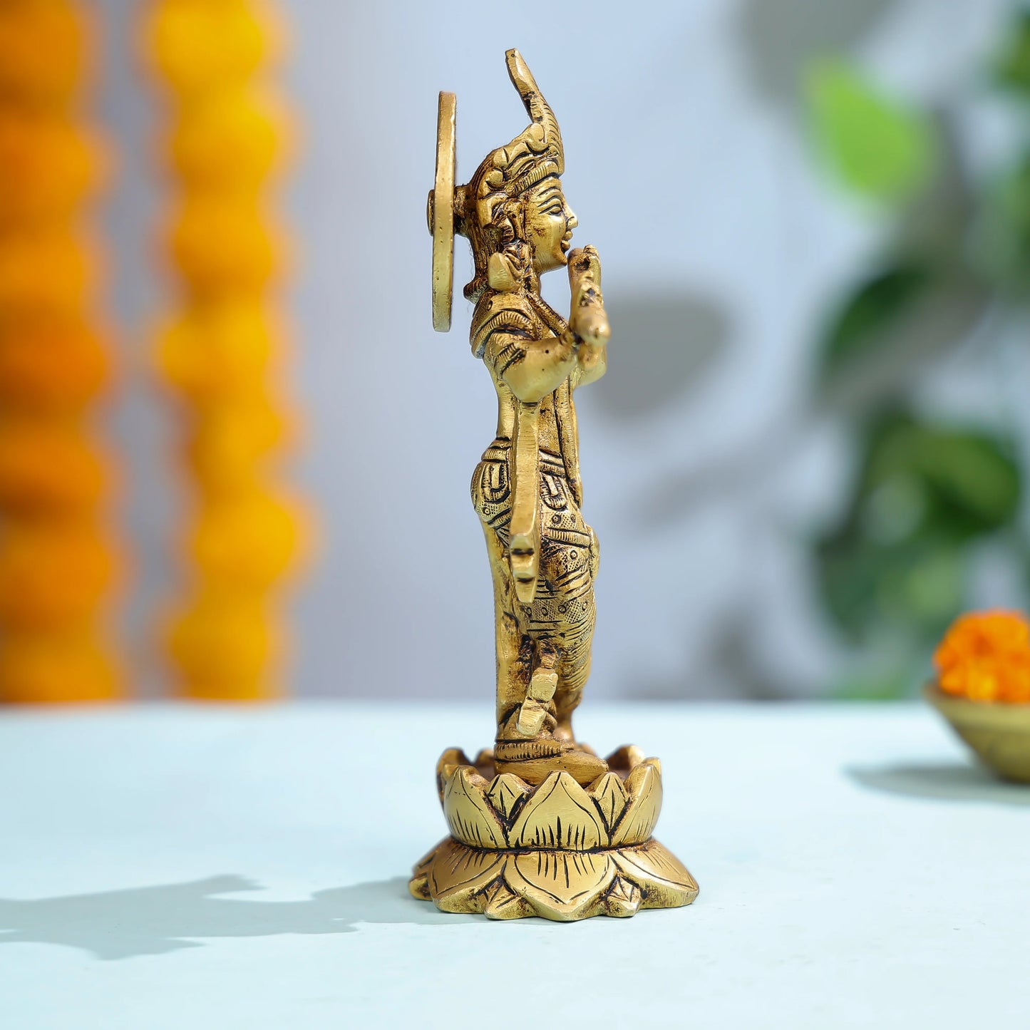 Brass Krishna Statue Playing Flute On Lotus Base For Spiritual Decor