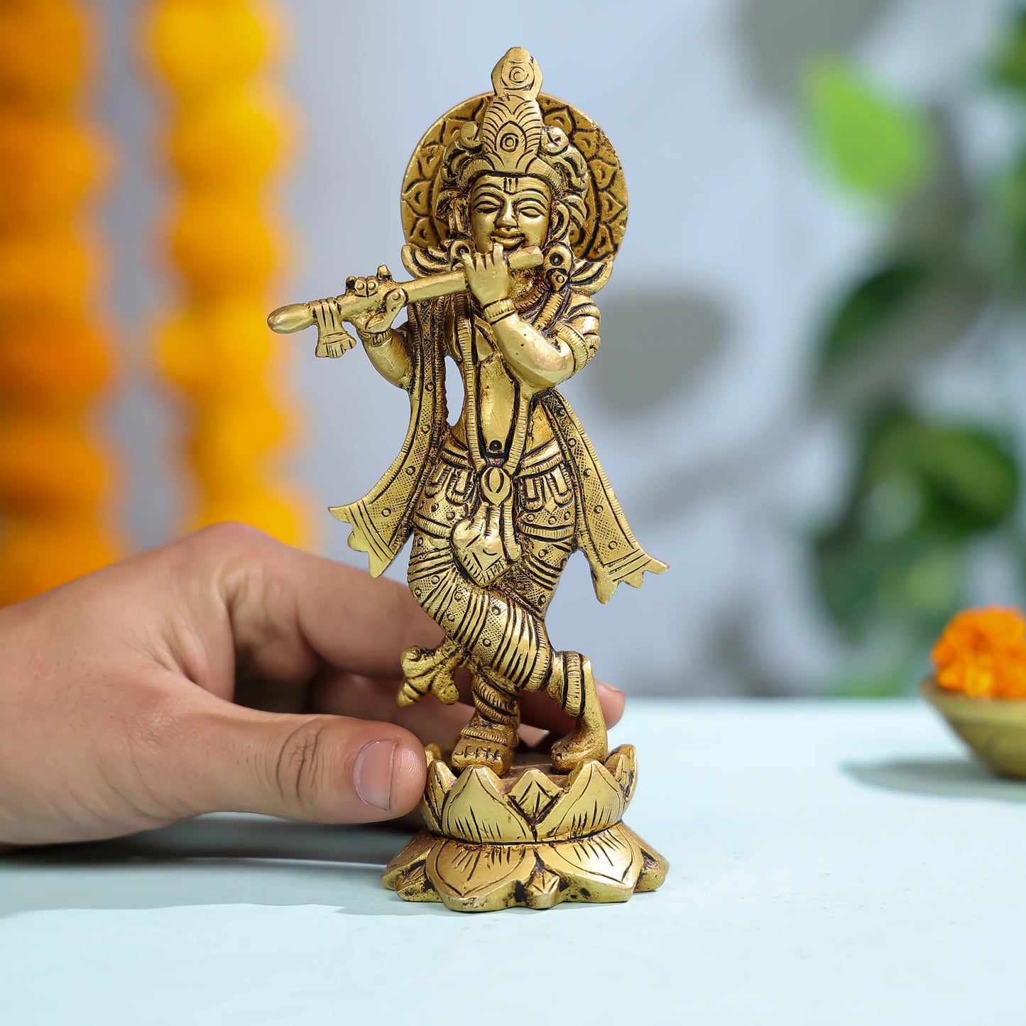 Brass Krishna Statue Playing Flute On Lotus Base For Spiritual Decor