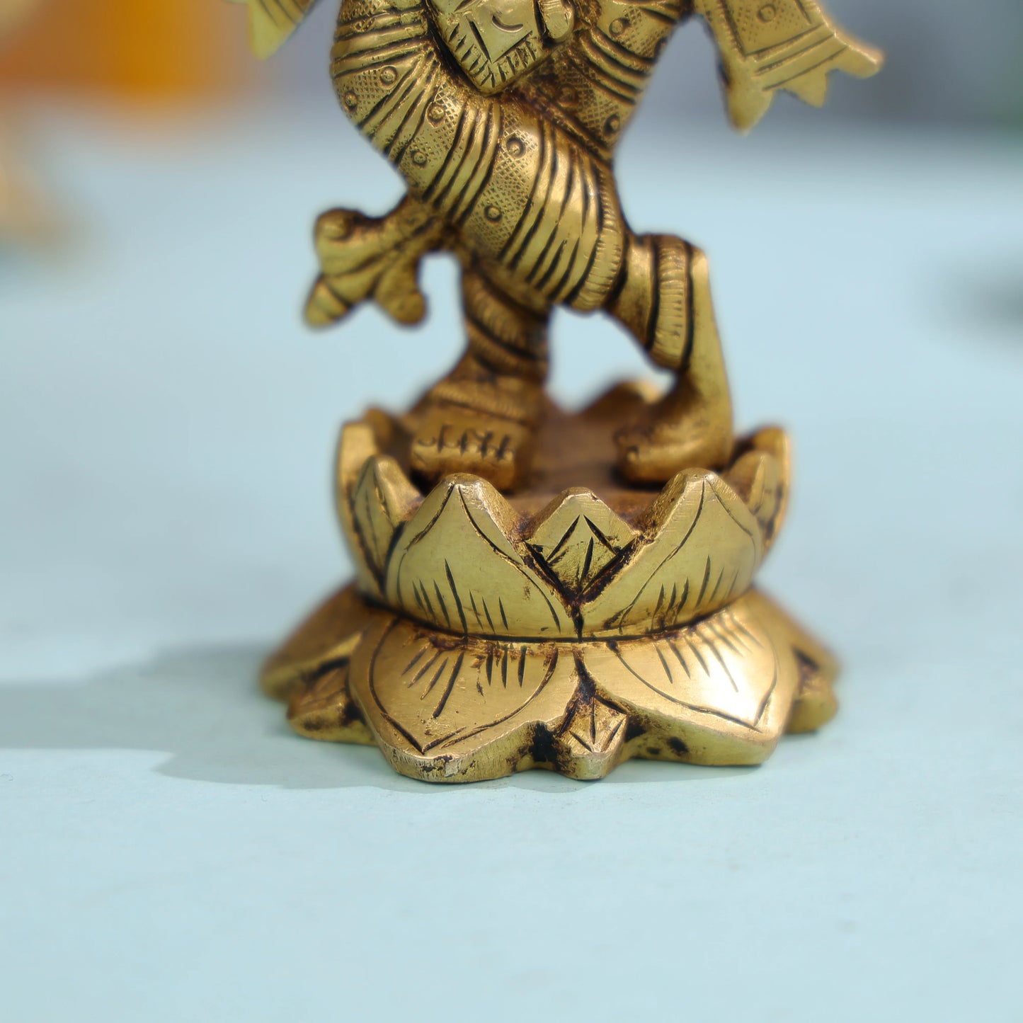 Brass Krishna Statue Playing Flute On Lotus Base For Spiritual Decor