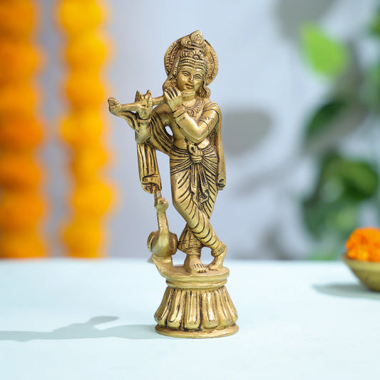 Brass Krishna Statue With Peacock For Elegant And Divine Decor