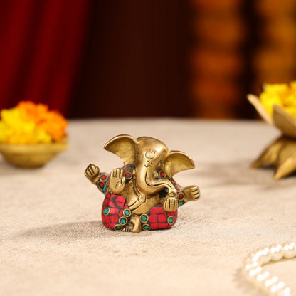 Brass Lord Ganesha Idol With Colourful Traditional Attire