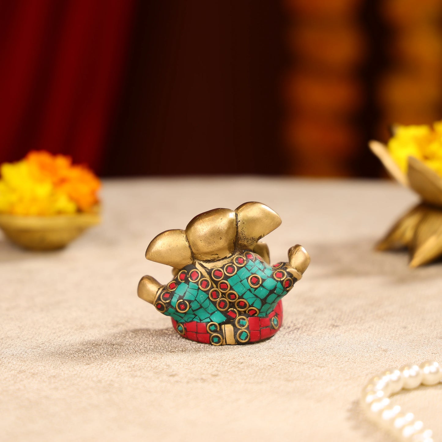 Brass Lord Ganesha Idol With Colourful Traditional Attire