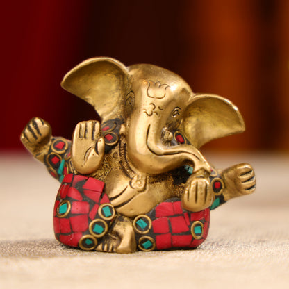 Brass Lord Ganesha Idol With Colourful Traditional Attire