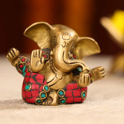 Brass Lord Ganesha Idol With Colourful Traditional Attire