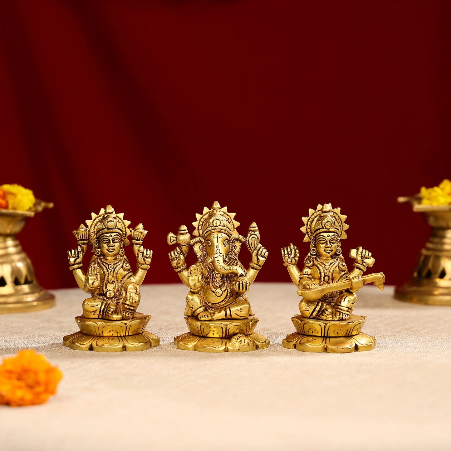 4.25" Brass Super Fine Goddess Laxmi, Lord Ganesha & Goddess Saraswati Trio Idols Seated On Lotus Base