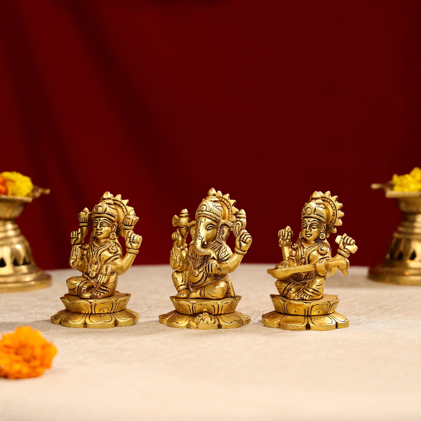 4.25" Brass Super Fine Goddess Laxmi, Lord Ganesha & Goddess Saraswati Trio Idols Seated On Lotus Base