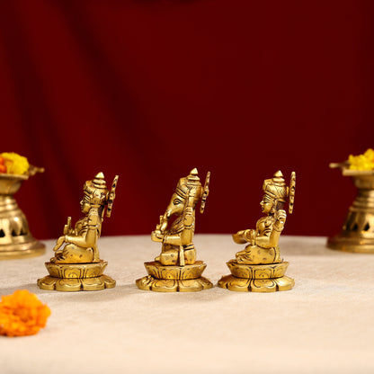 4.25" Brass Super Fine Goddess Laxmi, Lord Ganesha & Goddess Saraswati Trio Idols Seated On Lotus Base