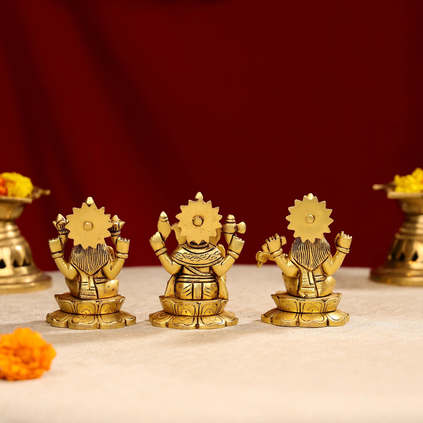 4.25" Brass Super Fine Goddess Laxmi, Lord Ganesha & Goddess Saraswati Trio Idols Seated On Lotus Base