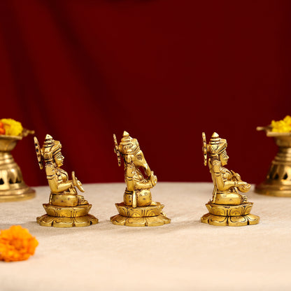 4.25" Brass Super Fine Goddess Laxmi, Lord Ganesha & Goddess Saraswati Trio Idols Seated On Lotus Base