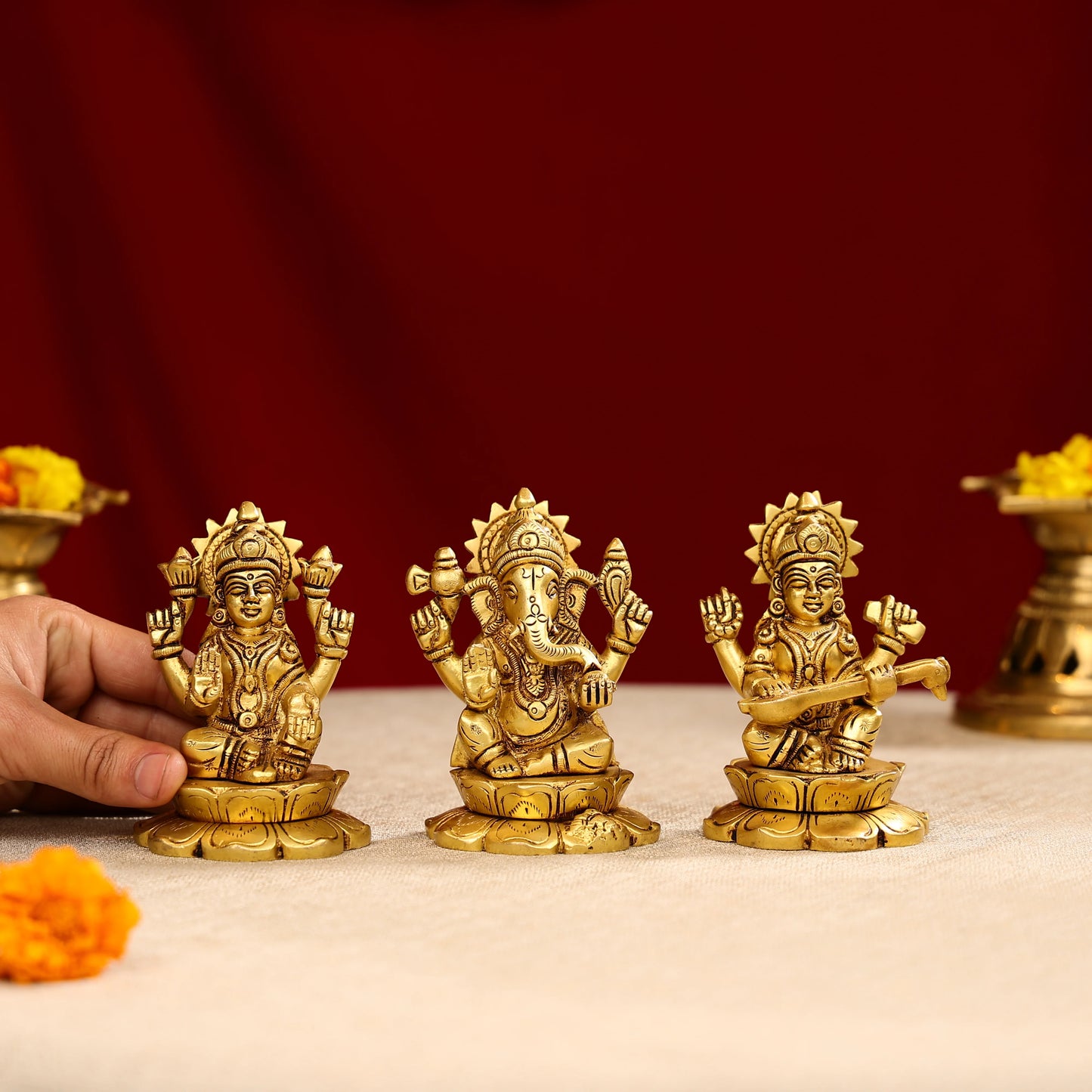 4.25" Brass Super Fine Goddess Laxmi, Lord Ganesha & Goddess Saraswati Trio Idols Seated On Lotus Base