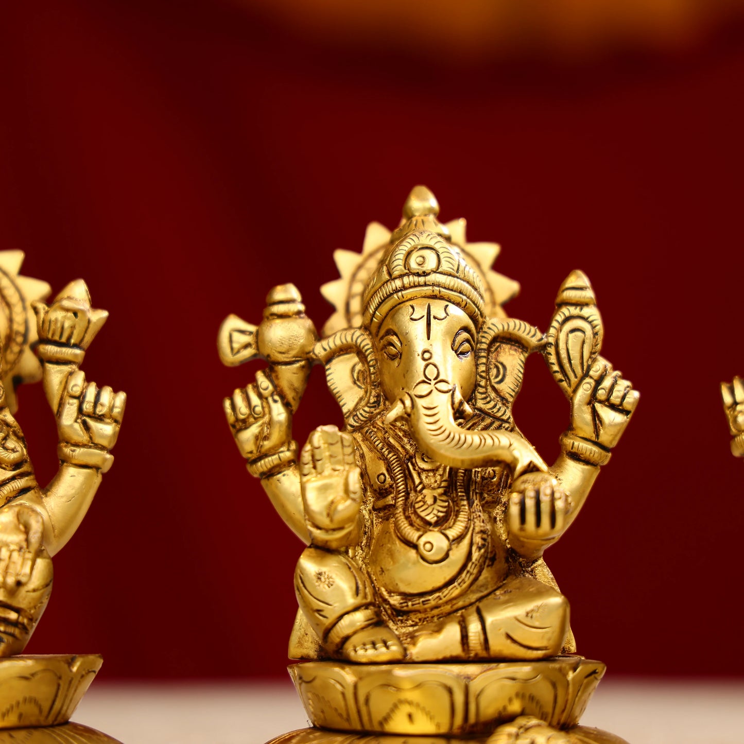 4.25" Brass Super Fine Goddess Laxmi, Lord Ganesha & Goddess Saraswati Trio Idols Seated On Lotus Base