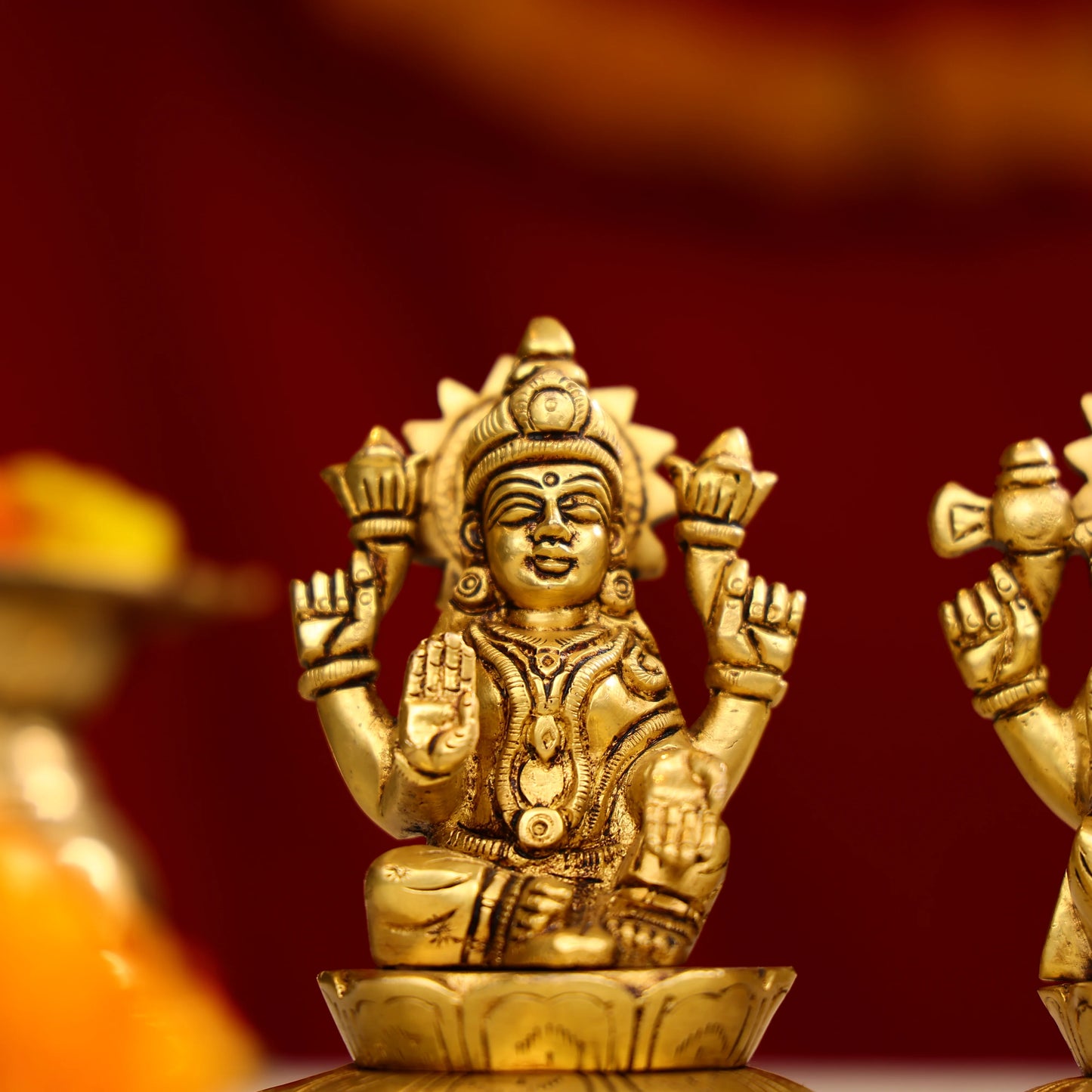 4.25" Brass Super Fine Goddess Laxmi, Lord Ganesha & Goddess Saraswati Trio Idols Seated On Lotus Base