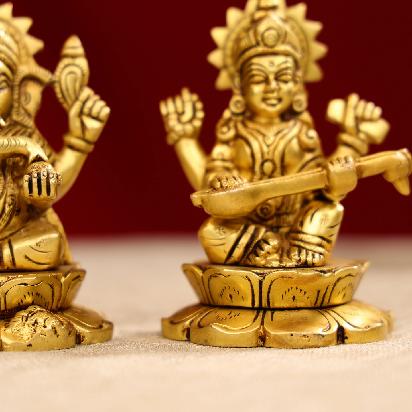 4.25" Brass Super Fine Goddess Laxmi, Lord Ganesha & Goddess Saraswati Trio Idols Seated On Lotus Base