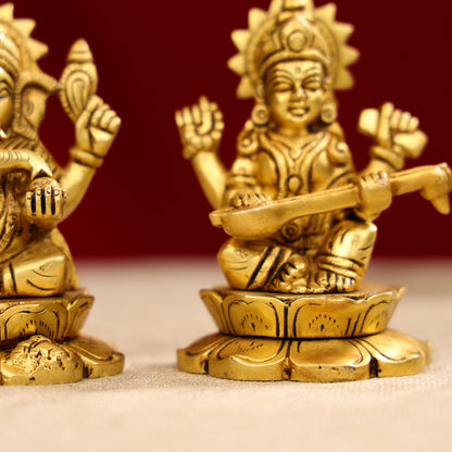 4.25" Brass Super Fine Goddess Laxmi, Lord Ganesha & Goddess Saraswati Trio Idols Seated On Lotus Base