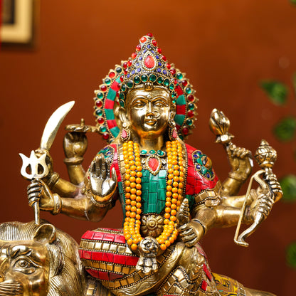 Brass Antique Goddess Durga Idol with Stone Work 2