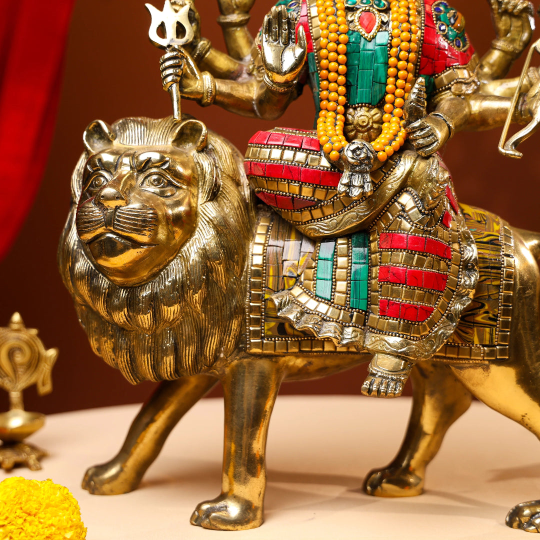 Brass Antique Goddess Durga Idol with Stone Work 3