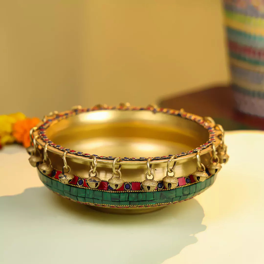 Brass Bowl Urli - Stone Work 8 Inch  1