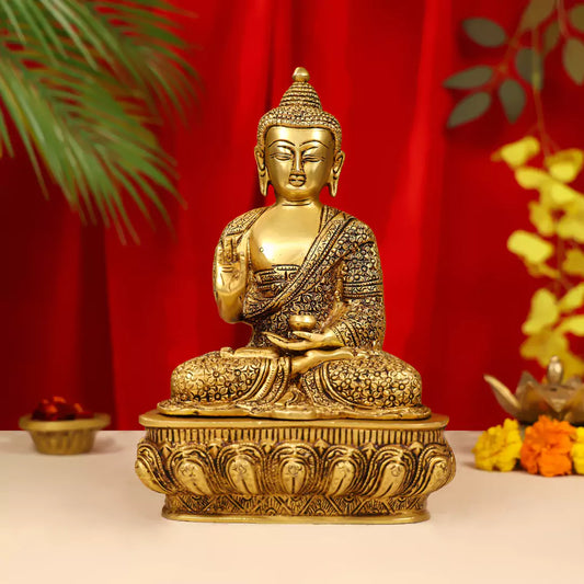 Brass Lord Buddha Idol Sitting On Lotus Base