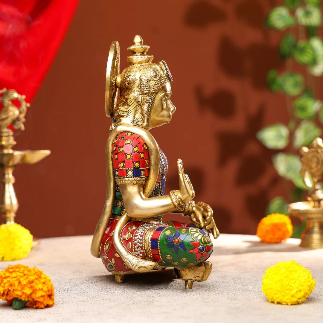 Brass Lord Hanuman Idol with Stone Work3