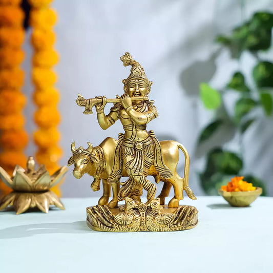  Brass Lord Krishna with Cow in Background  1