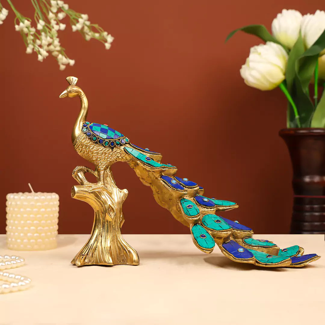 Brass Peacock Inlay Stonework- 13 Inch - 1