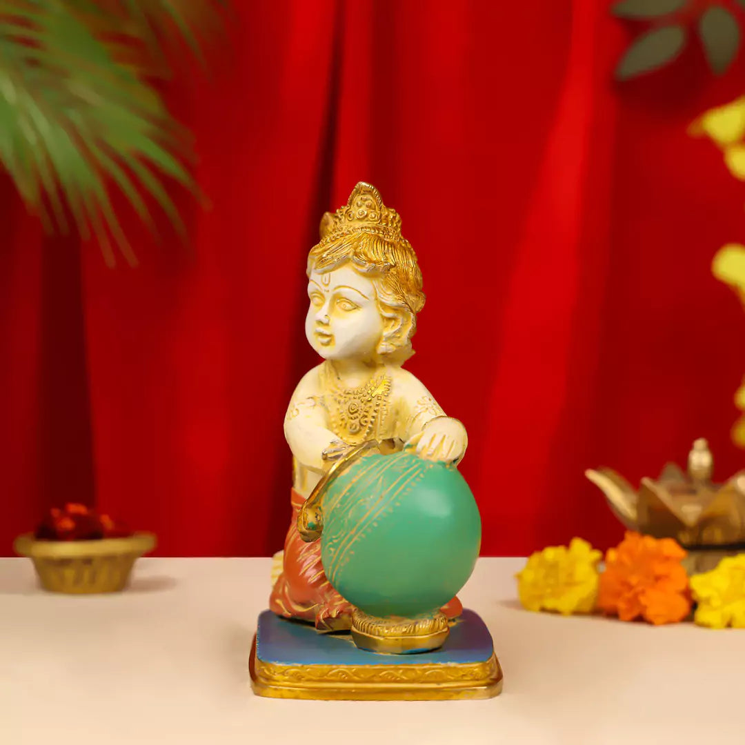 Coloured Brass Lord Krishna Makhan Chor Idol 7.5_1