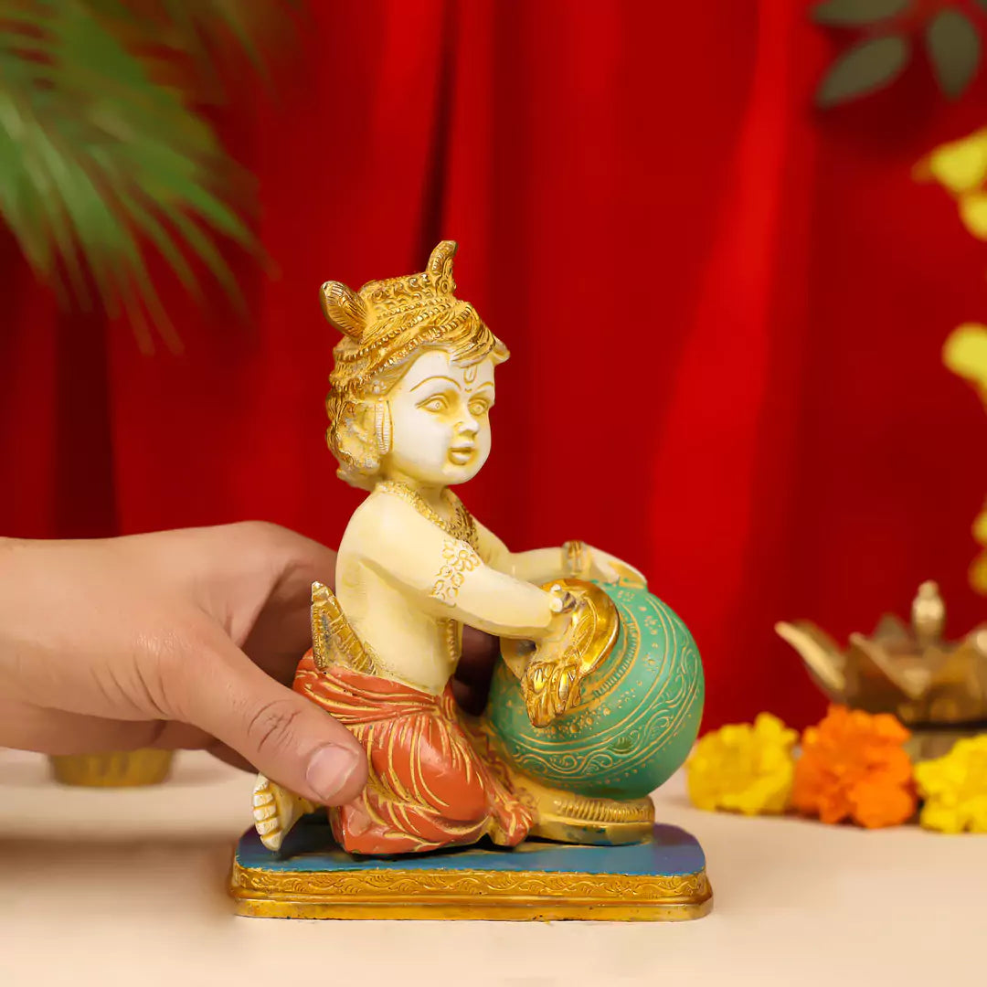 Coloured Brass Lord Krishna Makhan Chor Idol 7.5_3