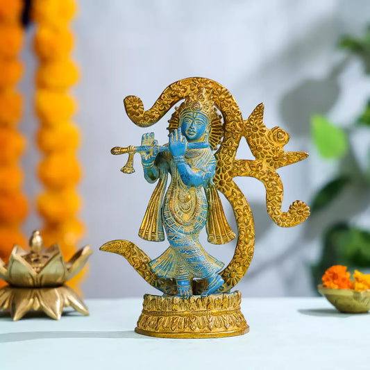 Coloured Brass Lord Krishna with OM Signage 1