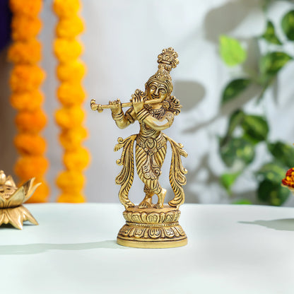 Exquisite Brass Krishna Statue With Flute For Home And Temple Decor