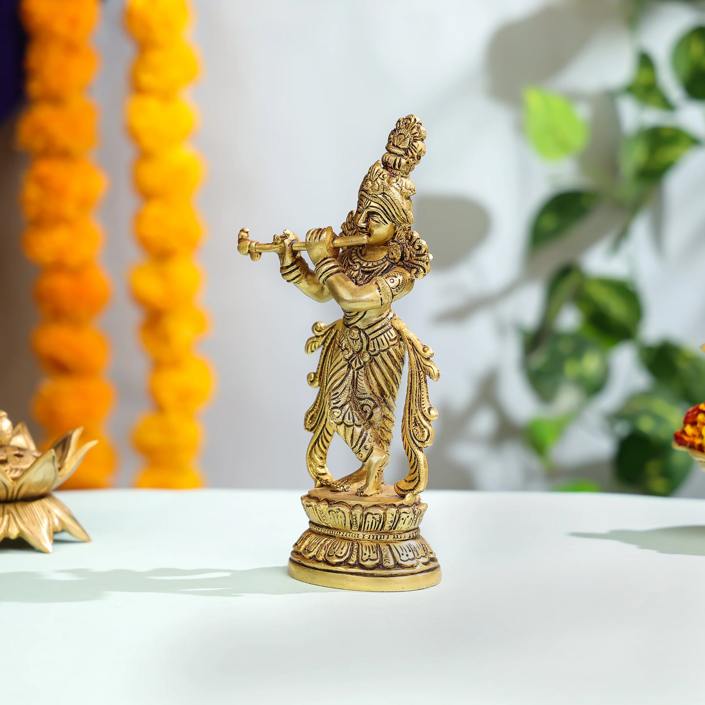 Exquisite Brass Krishna Statue With Flute For Home And Temple Decor