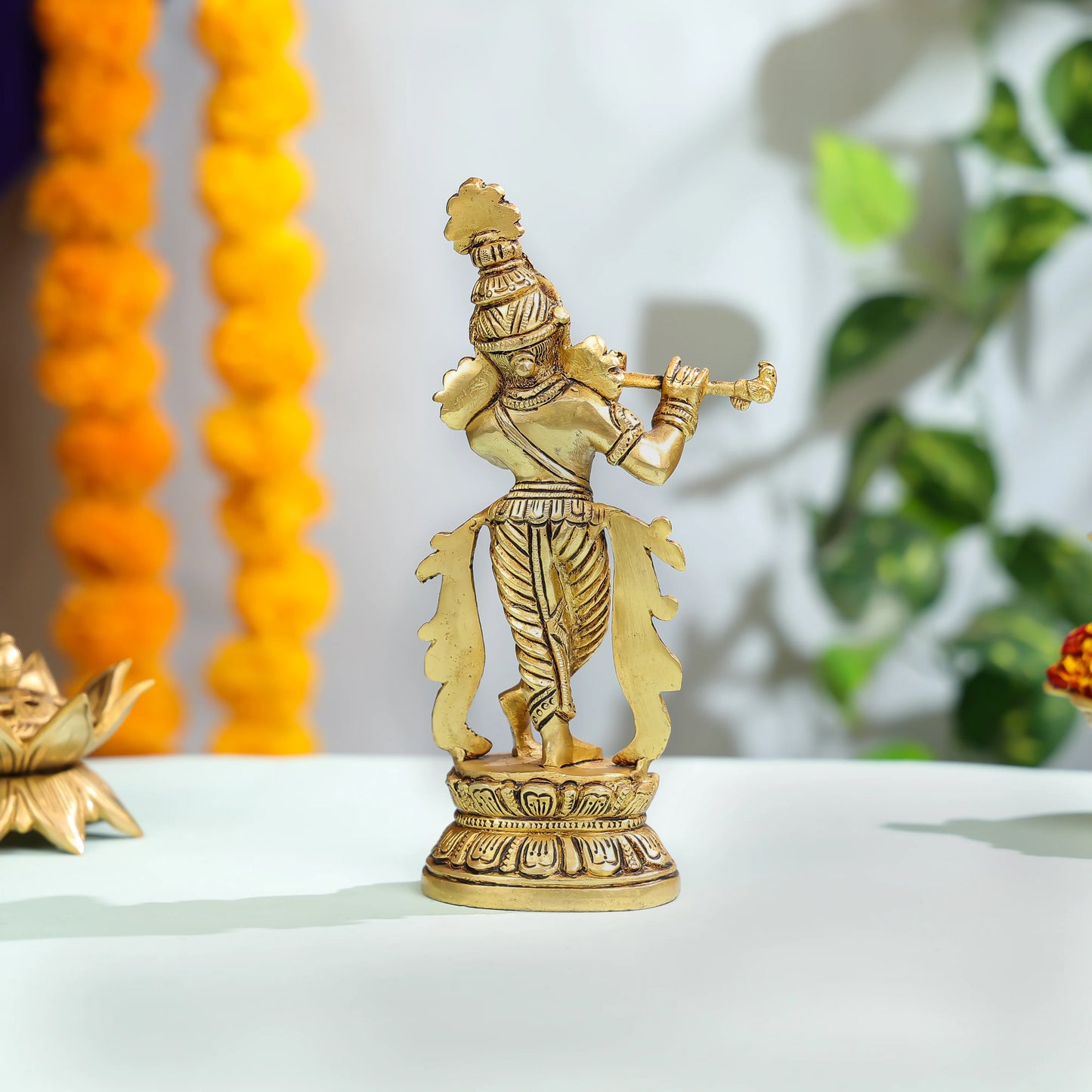 Exquisite Brass Krishna Statue With Flute For Home And Temple Decor